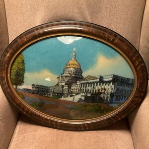 Antique framed convex reverse painted glass art